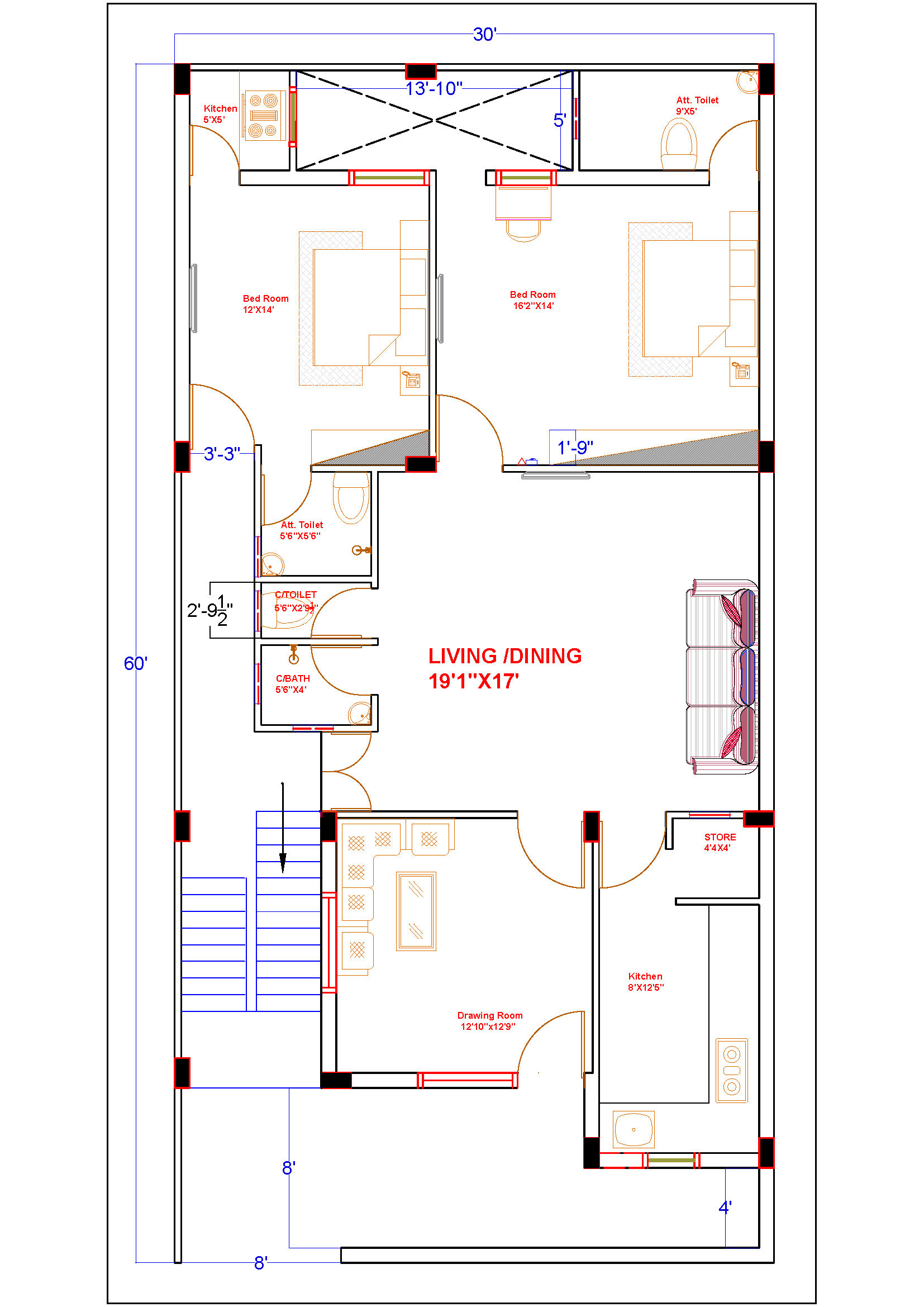 30'x60' House Ground Floor Plan in AutoCAD DWG